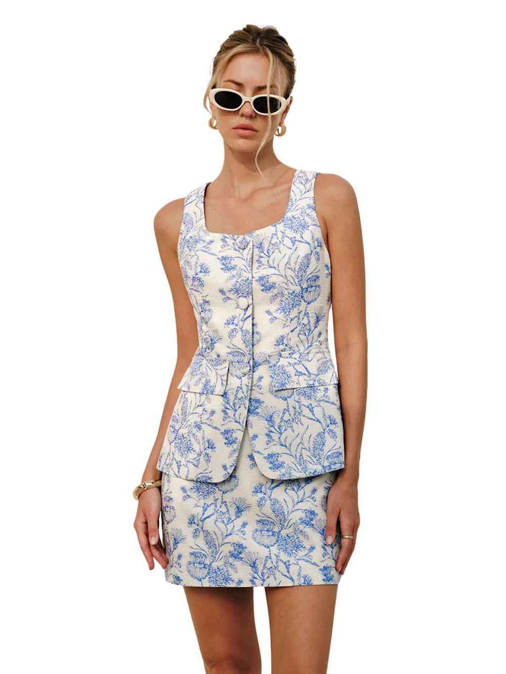 Commense Blue White Floral Jacquard Peplum Skirt Set XS